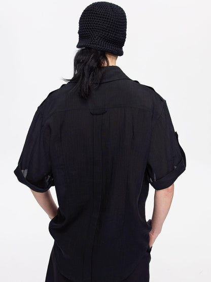 LYUOCHENG Loose Minimal Vintage Workwear Collared Rolled Hem Women&