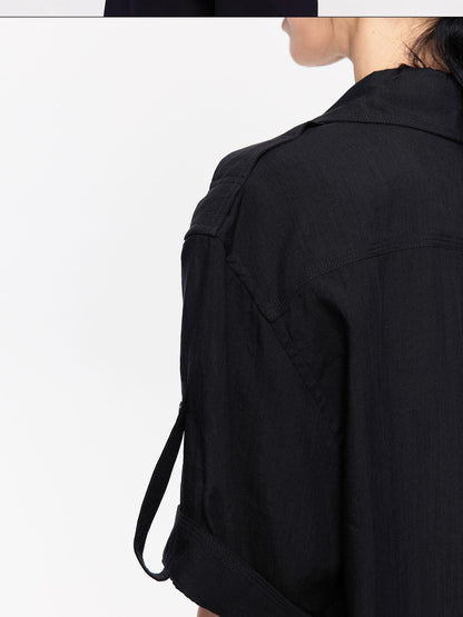 LYUOCHENG Loose Minimal Vintage Workwear Collared Rolled Hem Women&