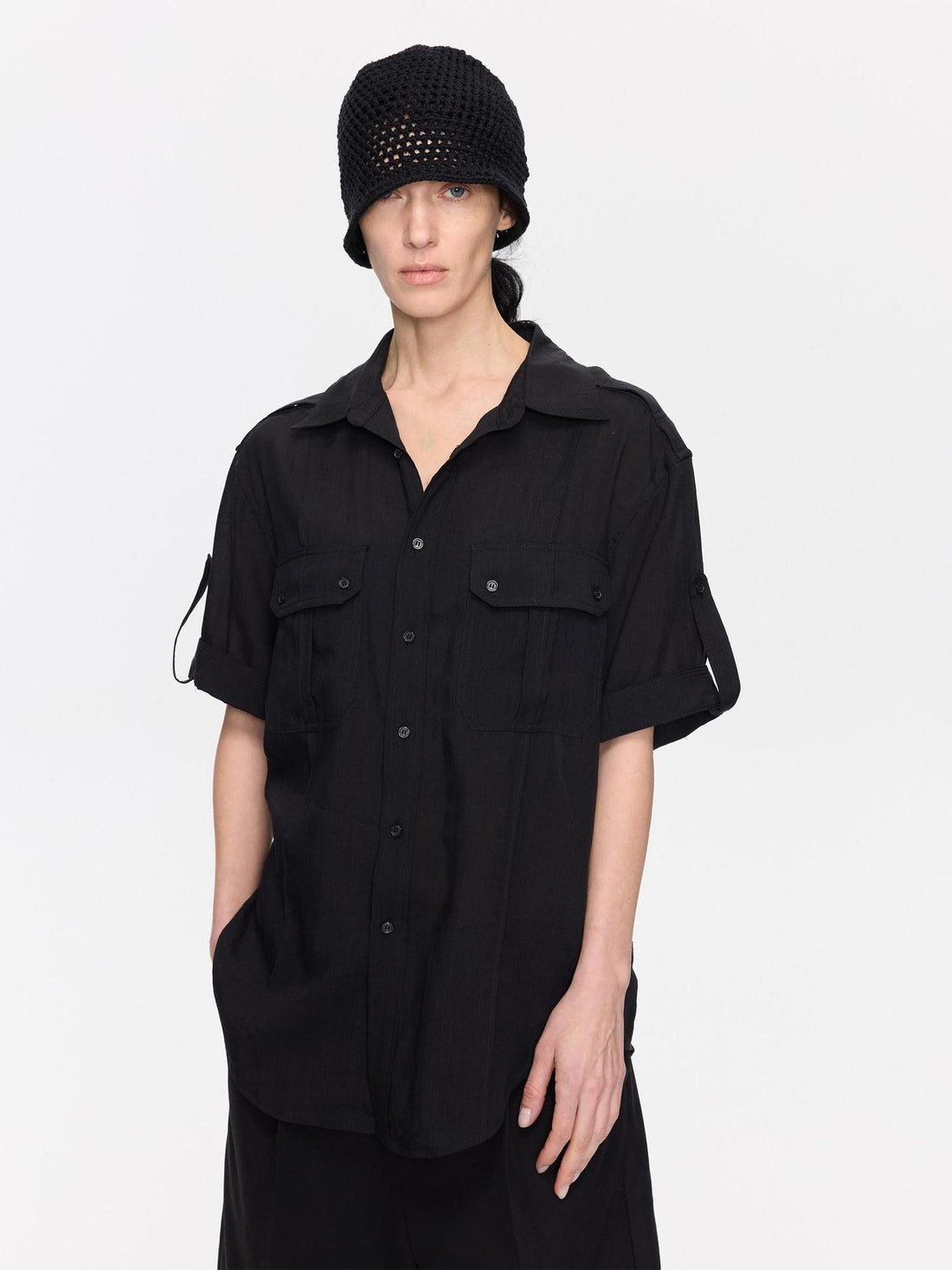 LYUOCHENG Loose Minimal Vintage Workwear Collared Rolled Hem Women&