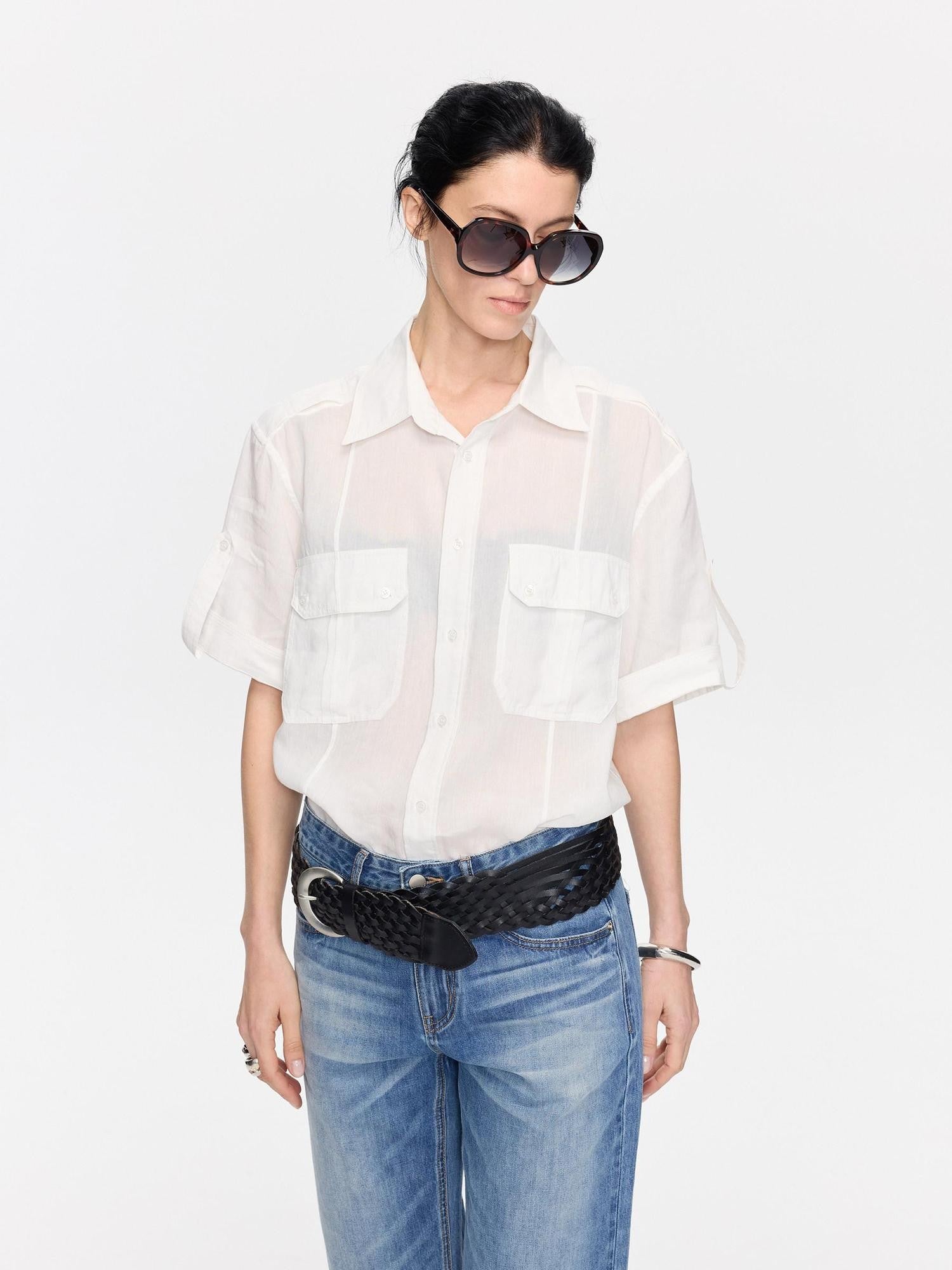 LYUOCHENG Loose Minimal Vintage Workwear Collared Rolled Hem Women&