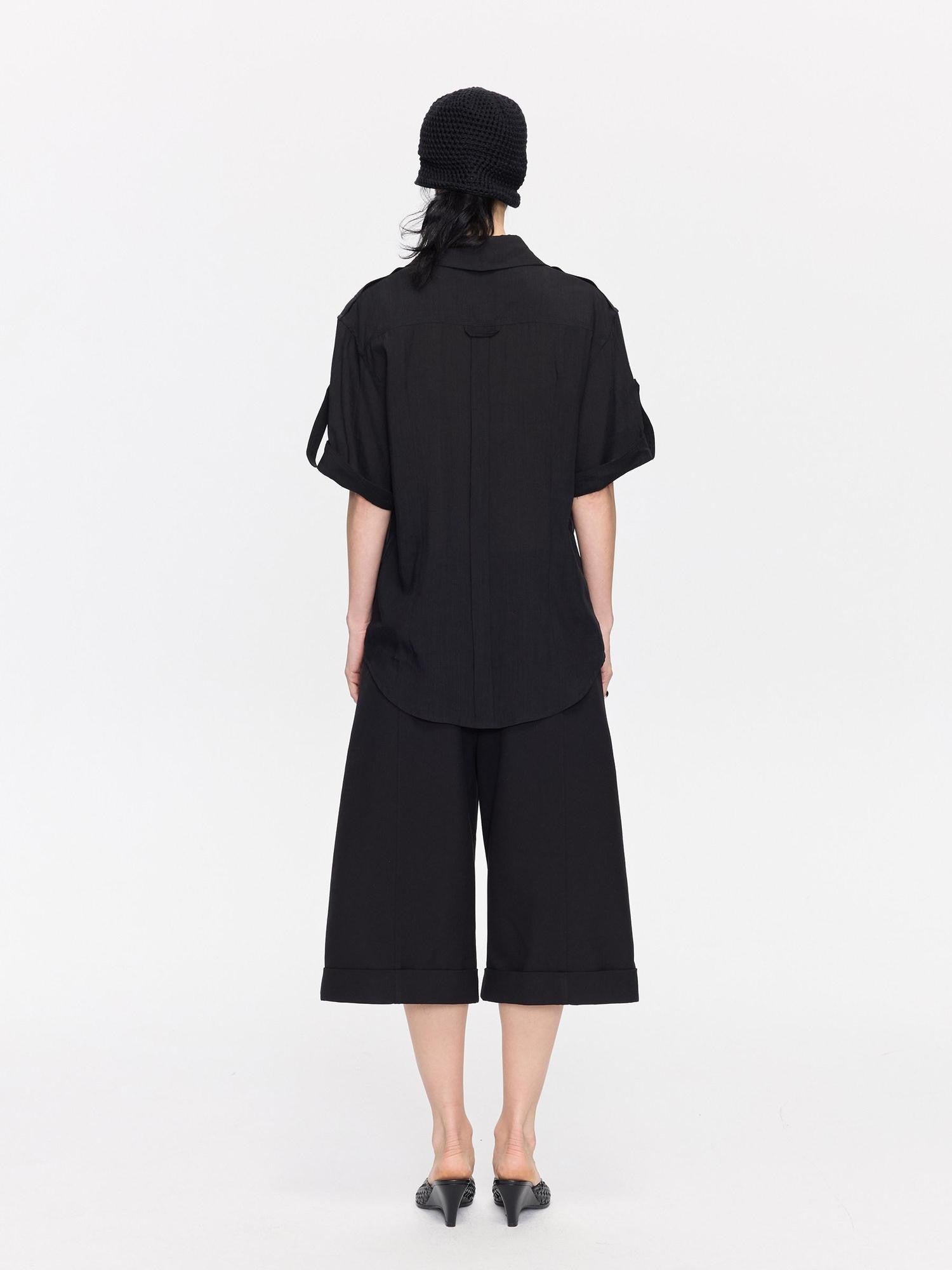 LYUOCHENG Loose Minimal Vintage Workwear Collared Rolled Hem Women&