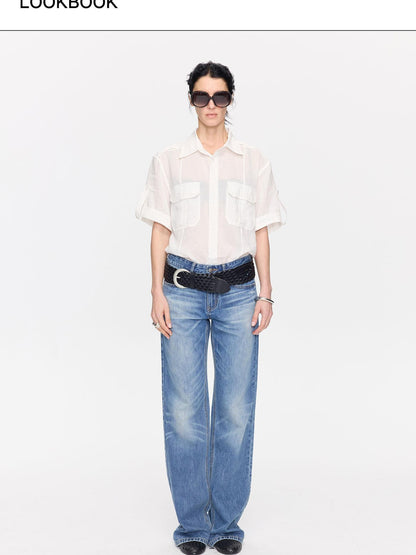 LYUOCHENG Loose Minimal Vintage Workwear Collared Rolled Hem Women&