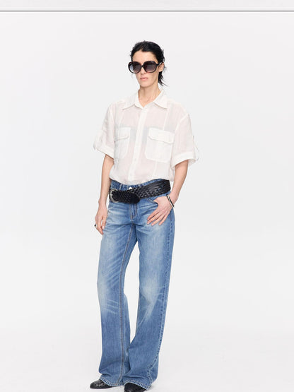 LYUOCHENG Loose Minimal Vintage Workwear Collared Rolled Hem Women&