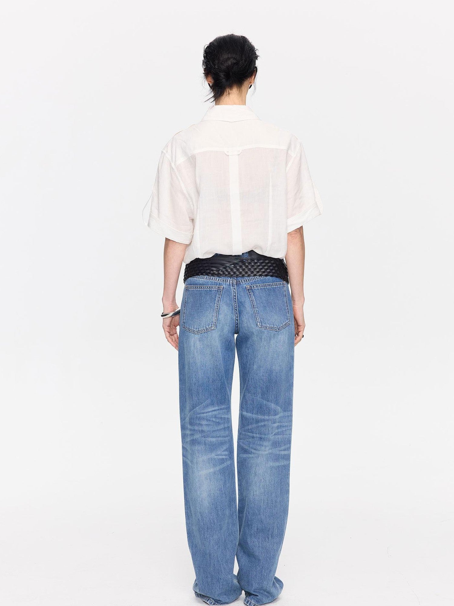 LYUOCHENG Loose Minimal Vintage Workwear Collared Rolled Hem Women&