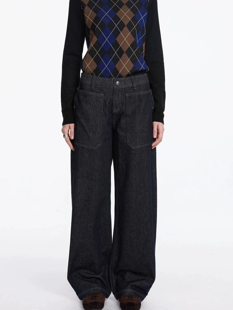 LYUOCHENG Low Rise Baggy Pocket Jeans With Sword Cut