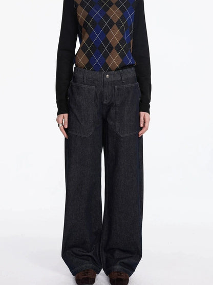 LYUOCHENG Low Rise Baggy Pocket Jeans With Sword Cut