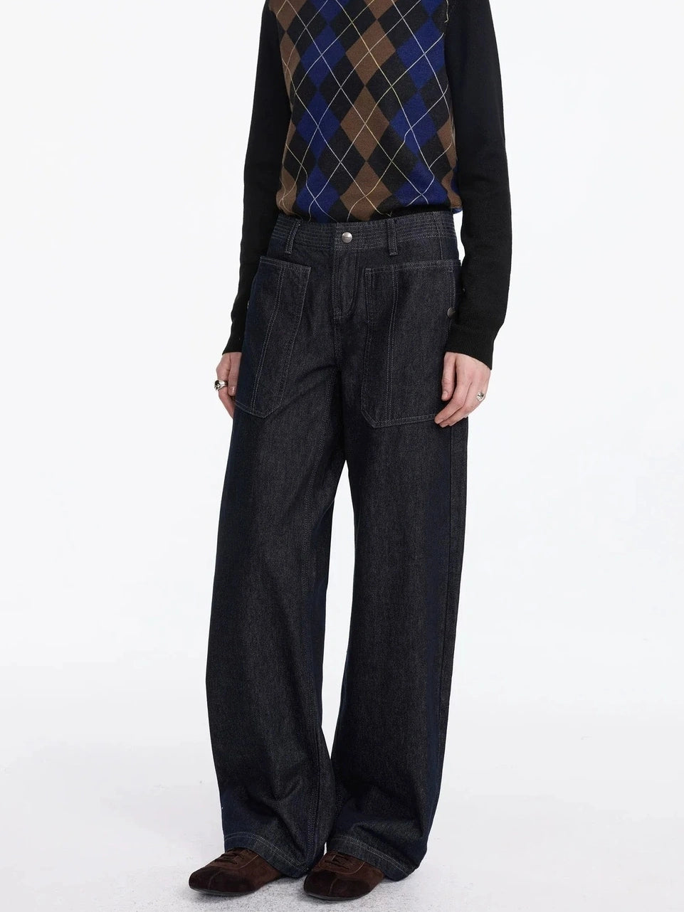 LYUOCHENG Low Rise Baggy Pocket Jeans With Sword Cut