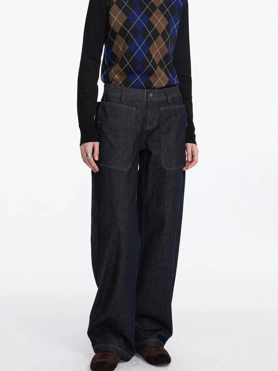 LYUOCHENG Low Rise Baggy Pocket Jeans With Sword Cut