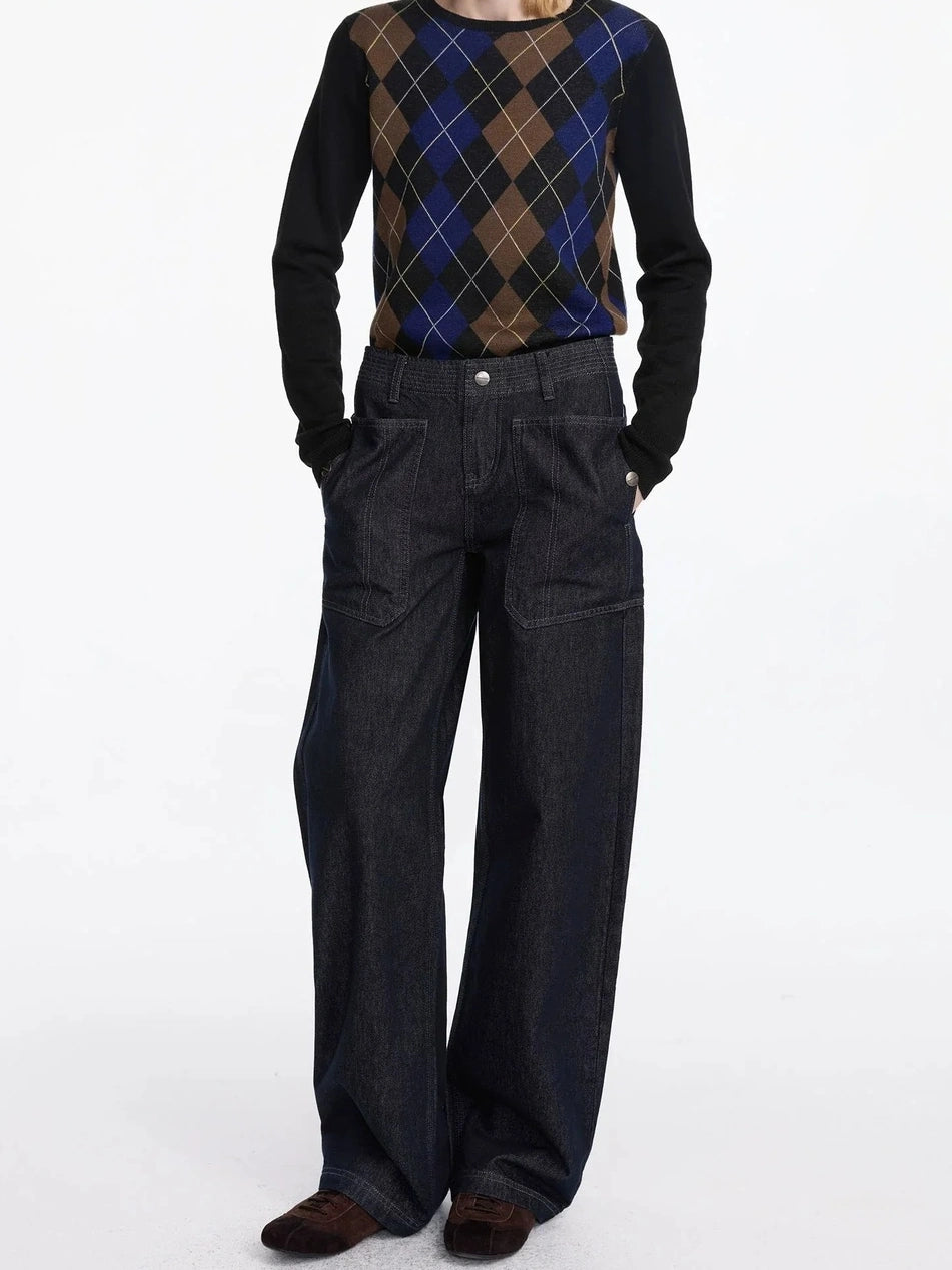 LYUOCHENG Low Rise Baggy Pocket Jeans With Sword Cut