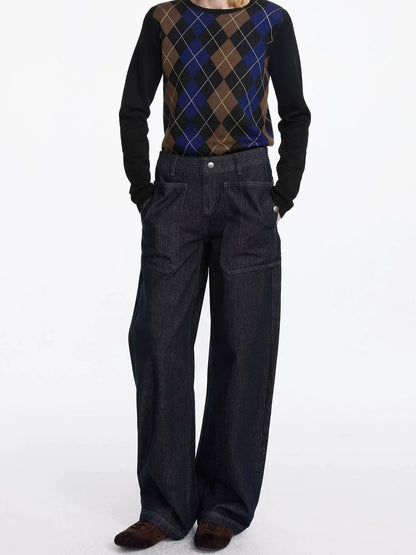 LYUOCHENG Low Rise Baggy Pocket Jeans With Sword Cut