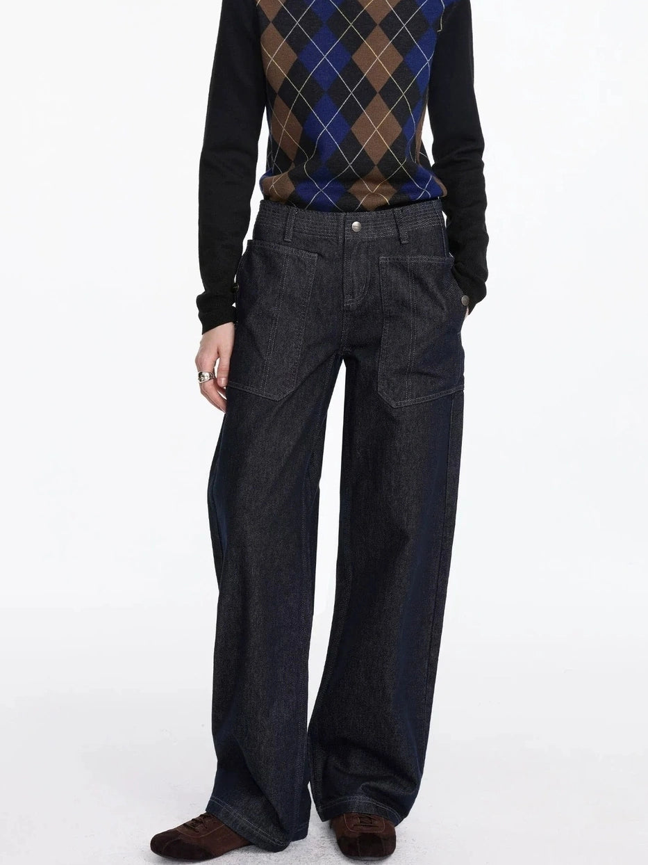 LYUOCHENG Low Rise Baggy Pocket Jeans With Sword Cut