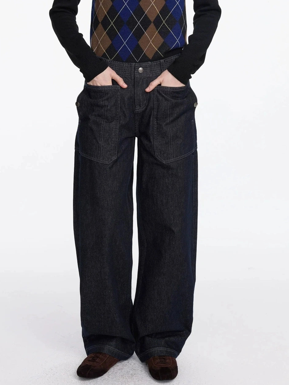 LYUOCHENG Low Rise Baggy Pocket Jeans With Sword Cut