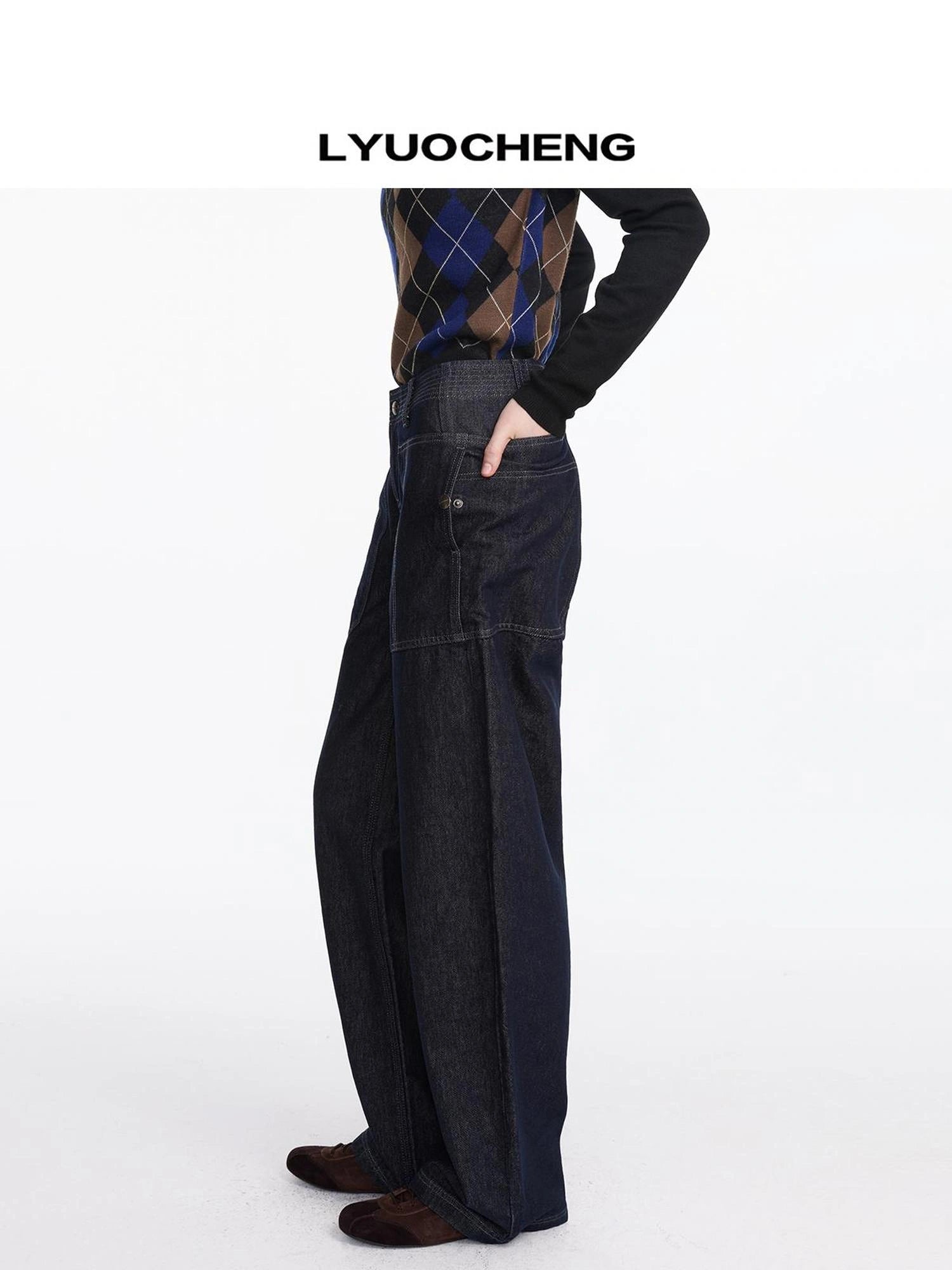 LYUOCHENG Low Rise Baggy Pocket Jeans With Sword Cut