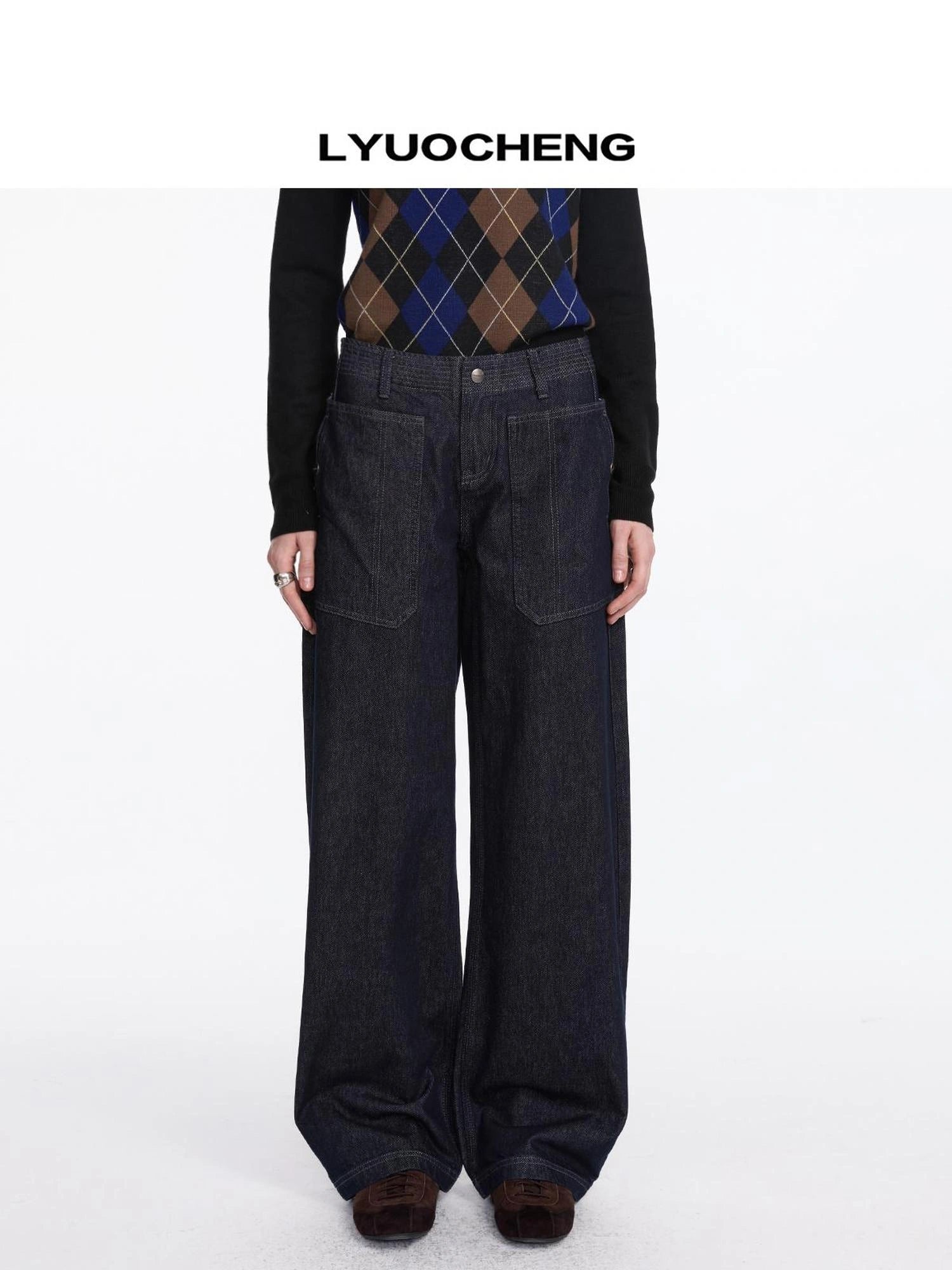 LYUOCHENG Low Rise Baggy Pocket Jeans With Sword Cut