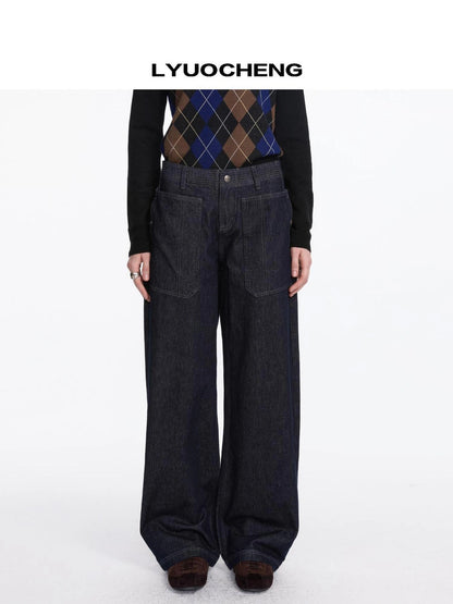 LYUOCHENG Low Rise Baggy Pocket Jeans With Sword Cut