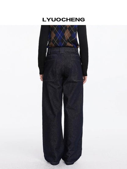 LYUOCHENG Low Rise Baggy Pocket Jeans With Sword Cut