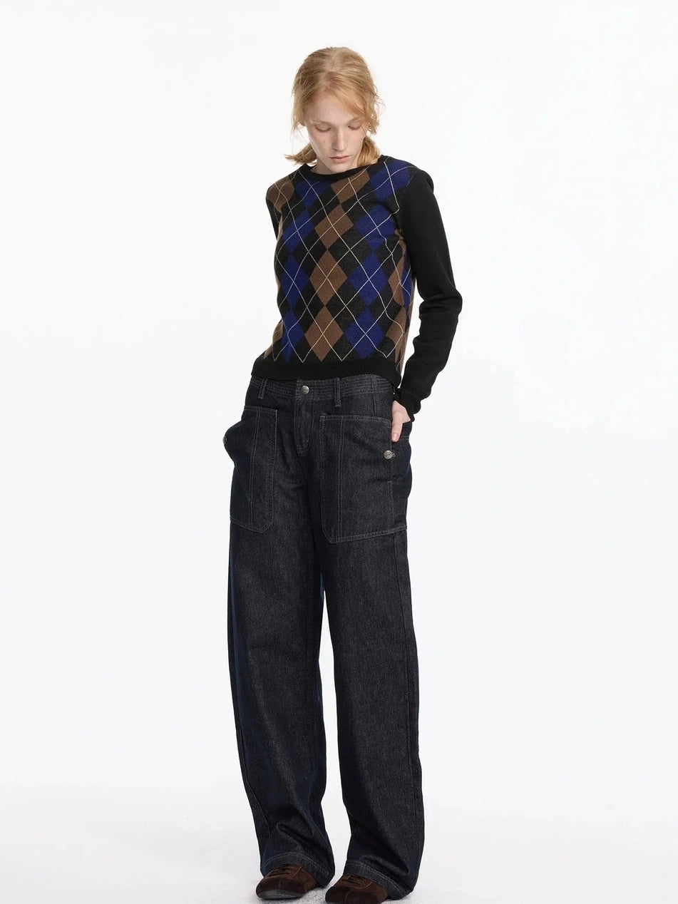 LYUOCHENG Low Rise Baggy Pocket Jeans With Sword Cut