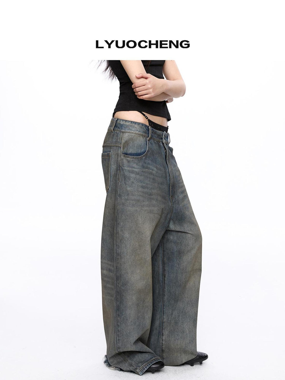 LYUOCHENG Low Rise Distressed Wide Leg Jeans With Frayed Hem