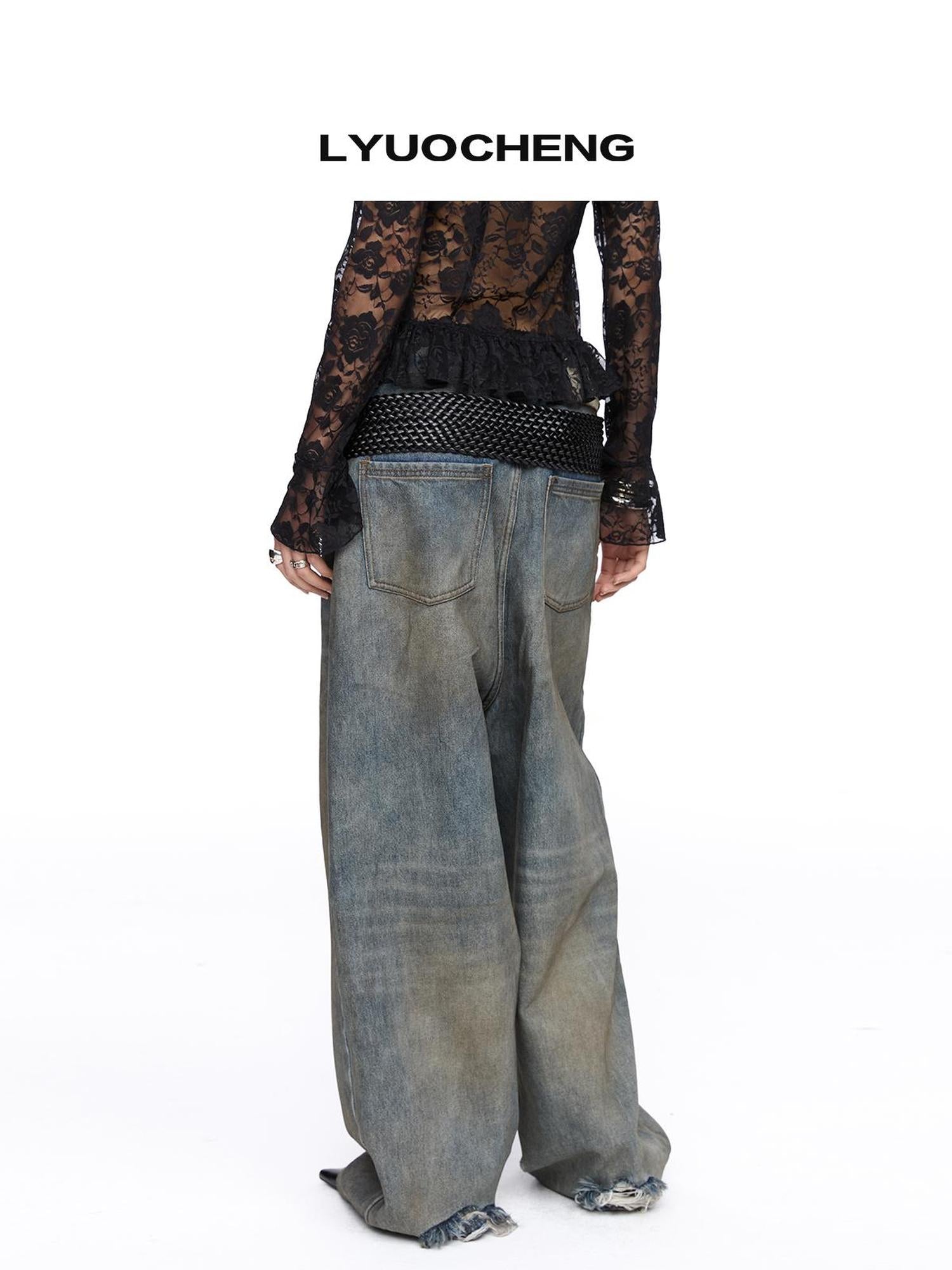 LYUOCHENG Low Rise Distressed Wide Leg Jeans With Frayed Hem