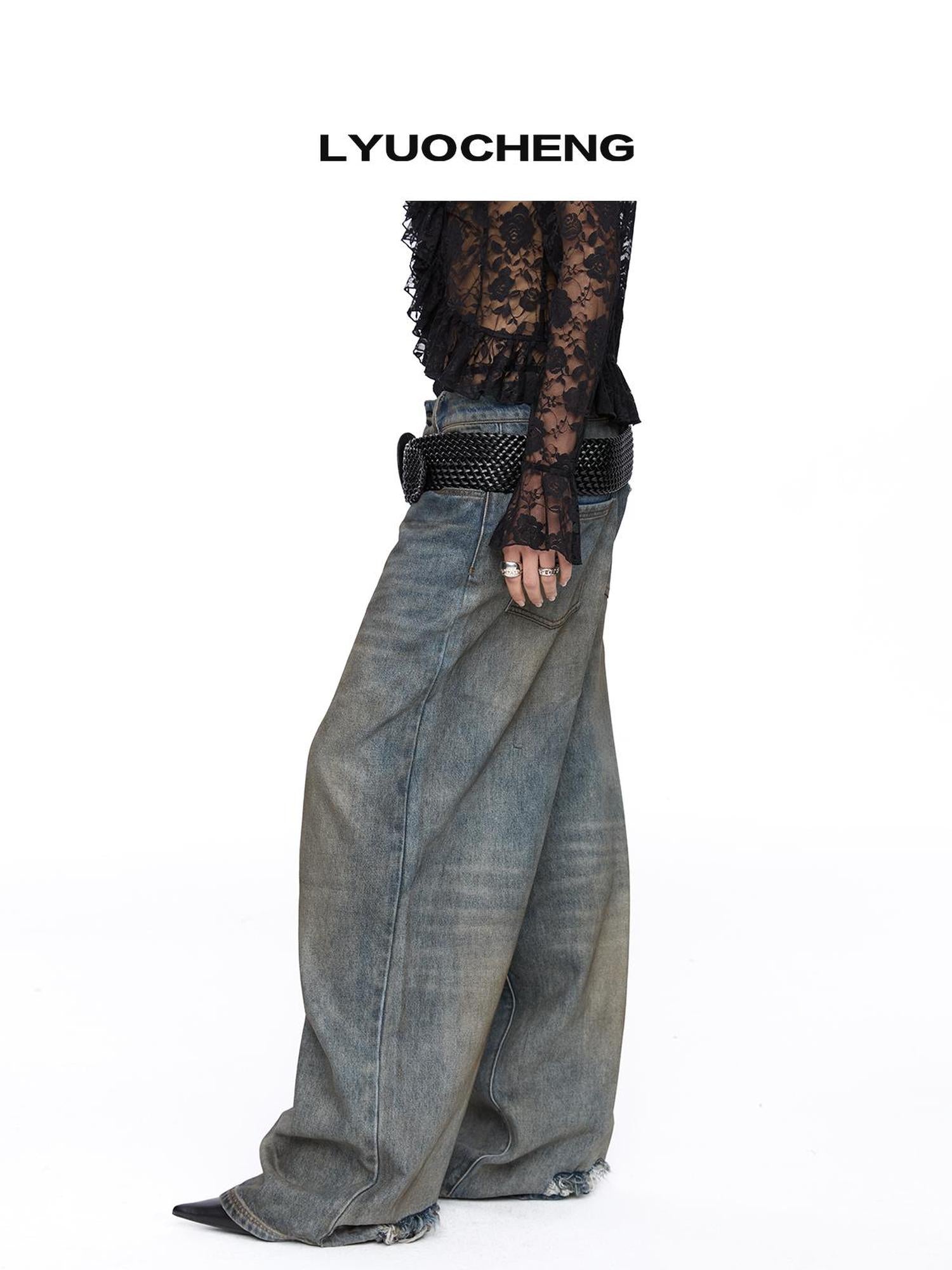 LYUOCHENG Low Rise Distressed Wide Leg Jeans With Frayed Hem