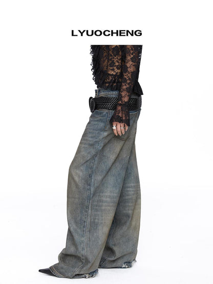 LYUOCHENG Low Rise Distressed Wide Leg Jeans With Frayed Hem