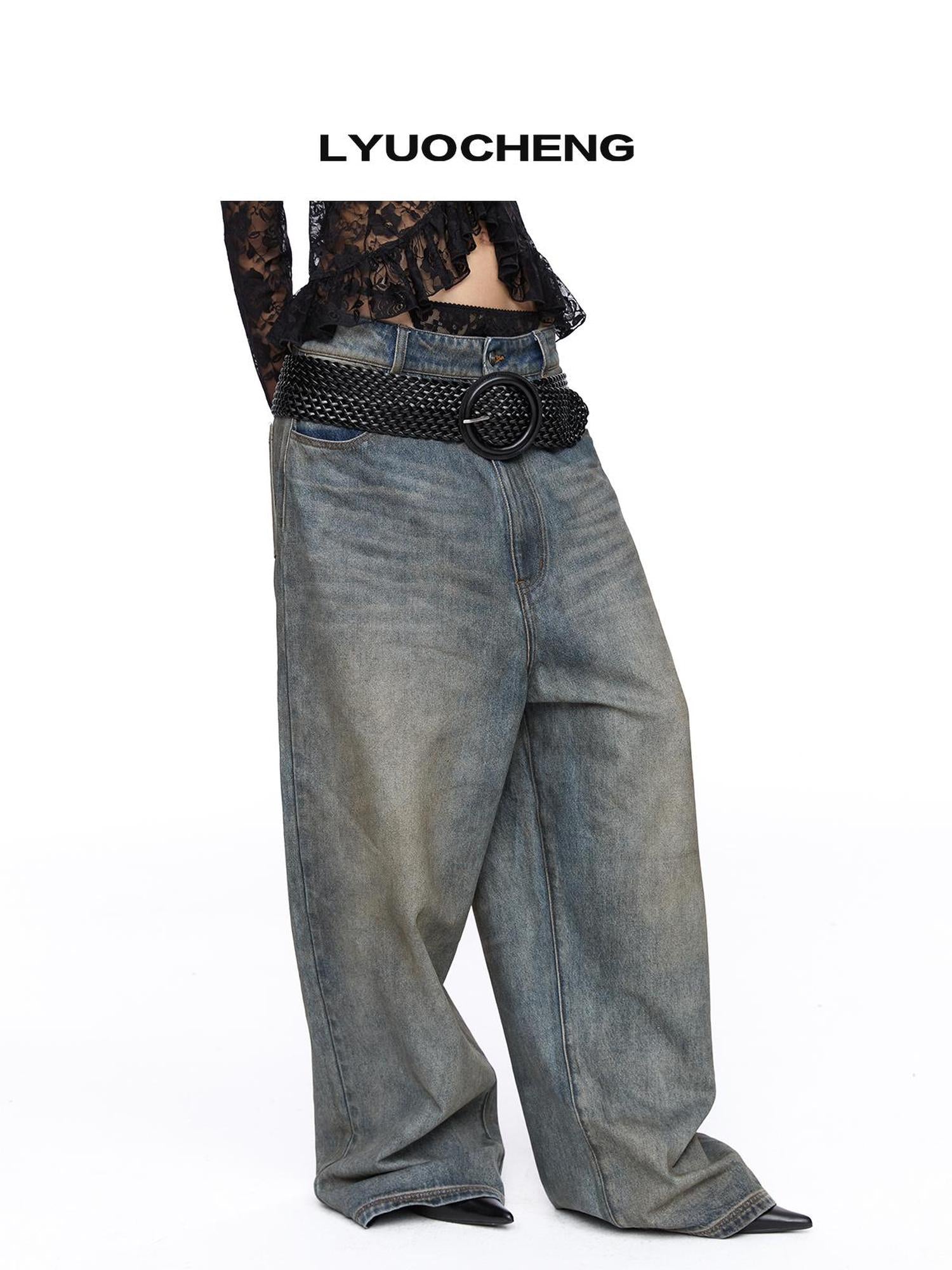 LYUOCHENG Low Rise Distressed Wide Leg Jeans With Frayed Hem