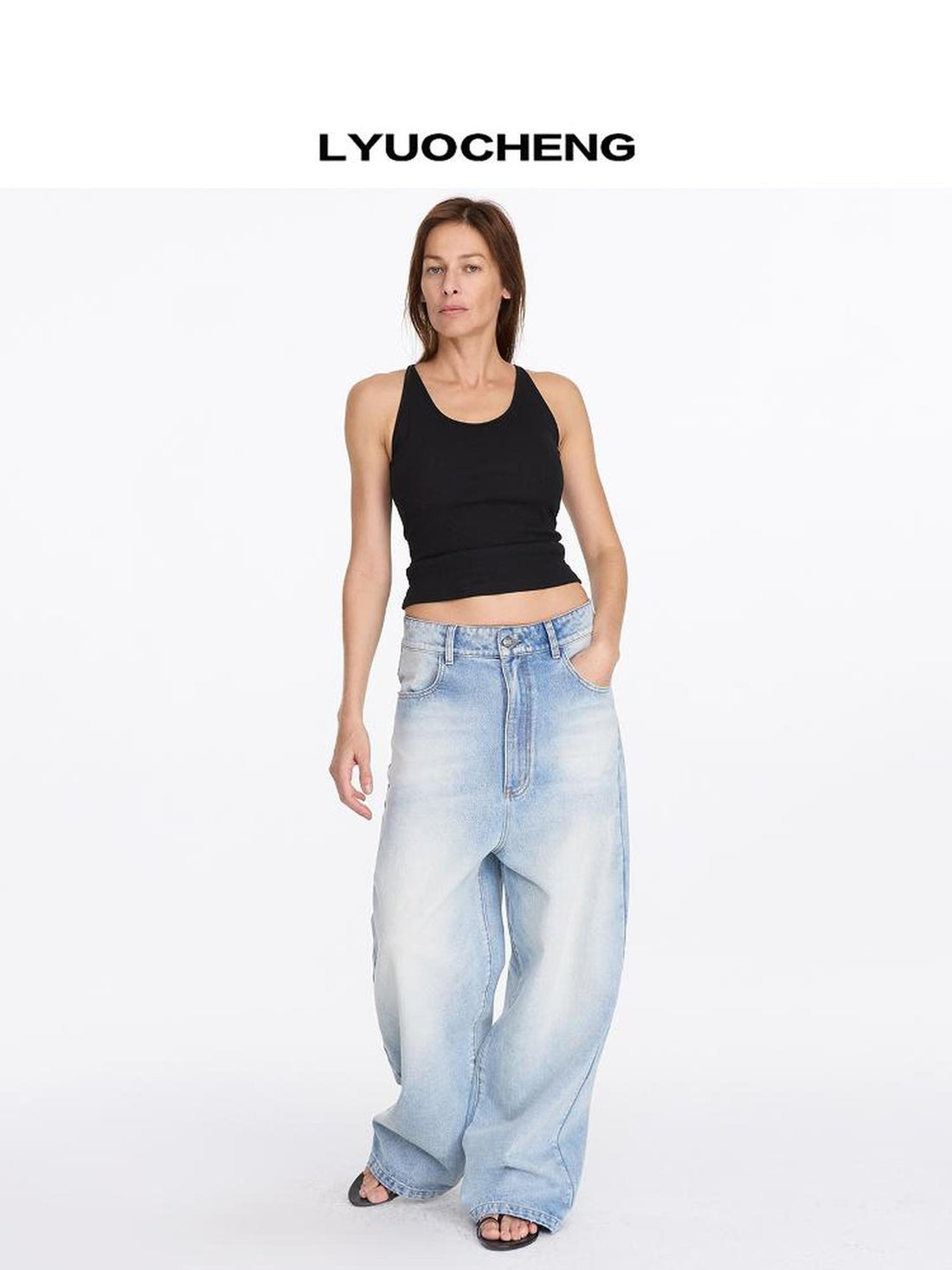 LYUOCHENG Low Rise Ice Blue Washed Straight Leg Jeans