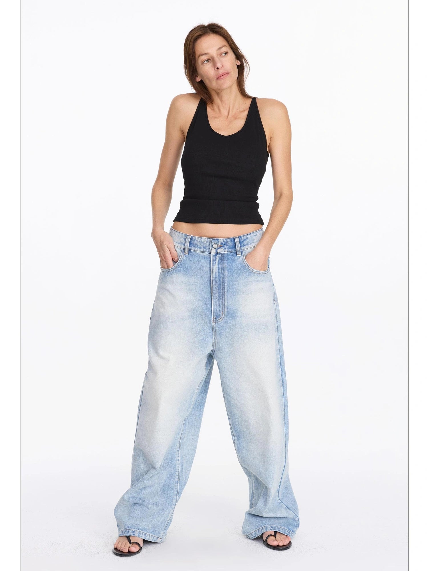 LYUOCHENG Low Rise Ice Blue Washed Straight Leg Jeans
