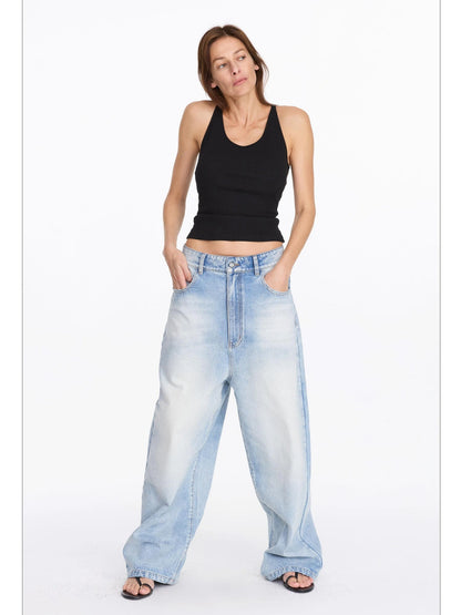 LYUOCHENG Low Rise Ice Blue Washed Straight Leg Jeans