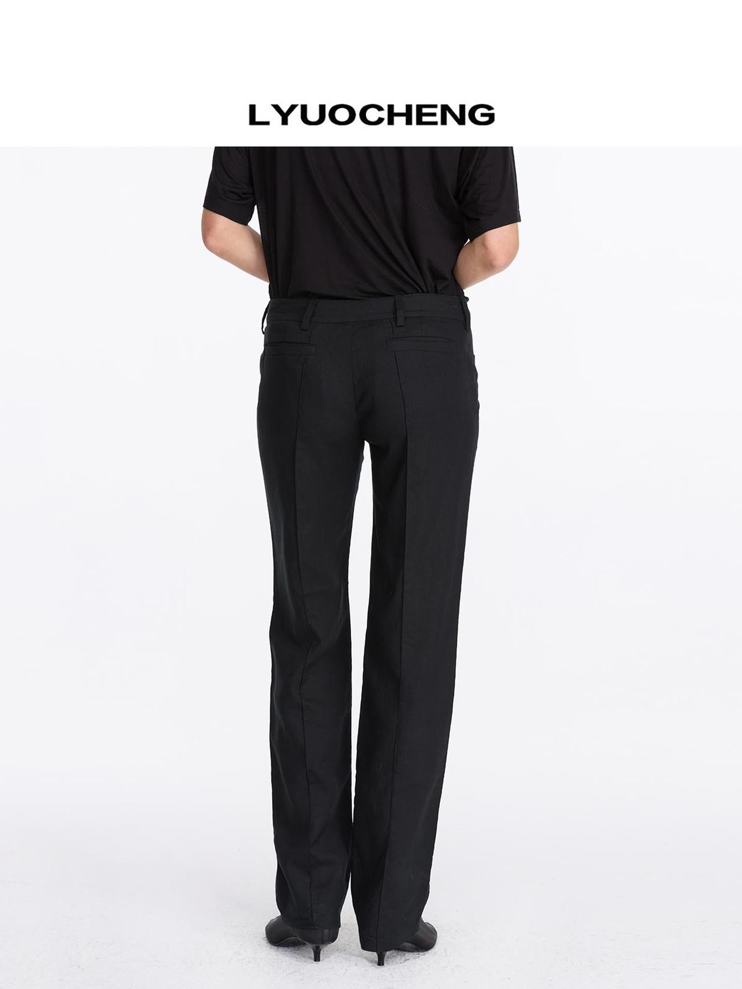 LYUOCHENG Low Rise Linen Like Trousers Straight Leg