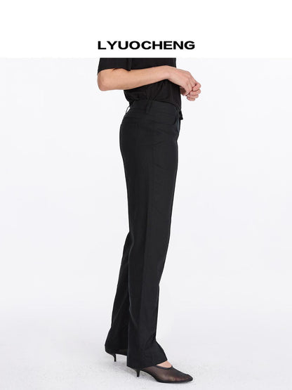 LYUOCHENG Low Rise Linen Like Trousers Straight Leg