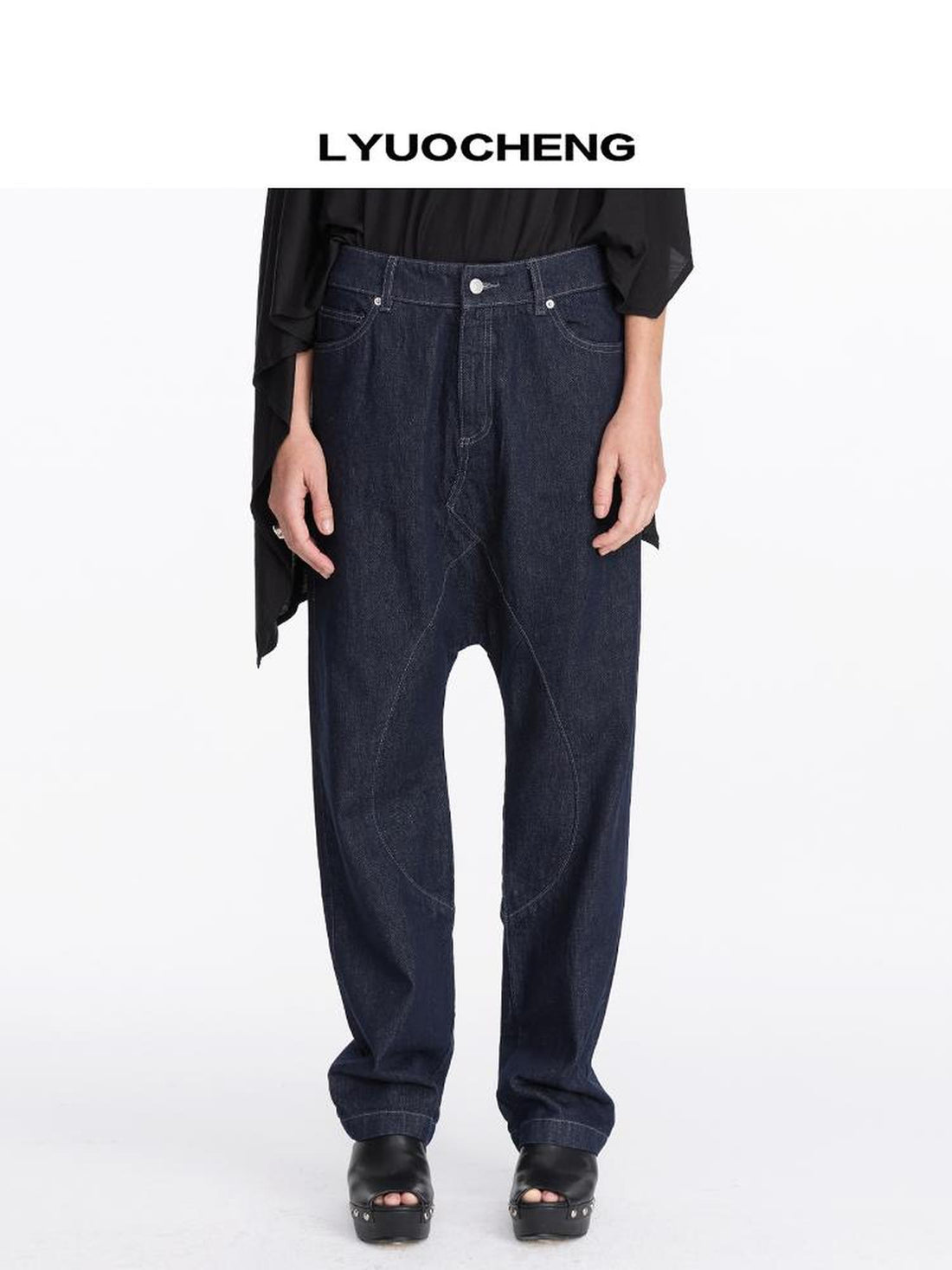 LYUOCHENG Low Rise Raw Denim Baggy Jeans With Dropped Crotch