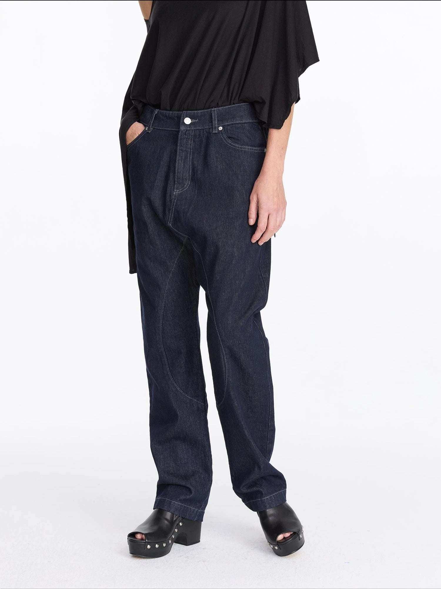 LYUOCHENG Low Rise Raw Denim Baggy Jeans With Dropped Crotch