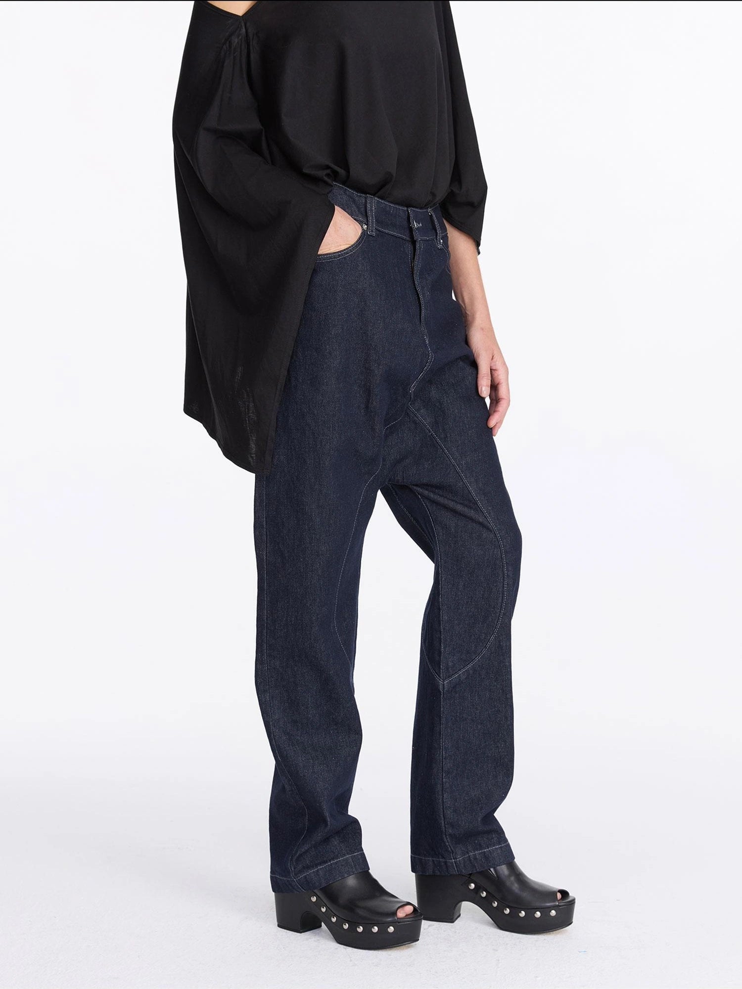 LYUOCHENG Low Rise Raw Denim Baggy Jeans With Dropped Crotch