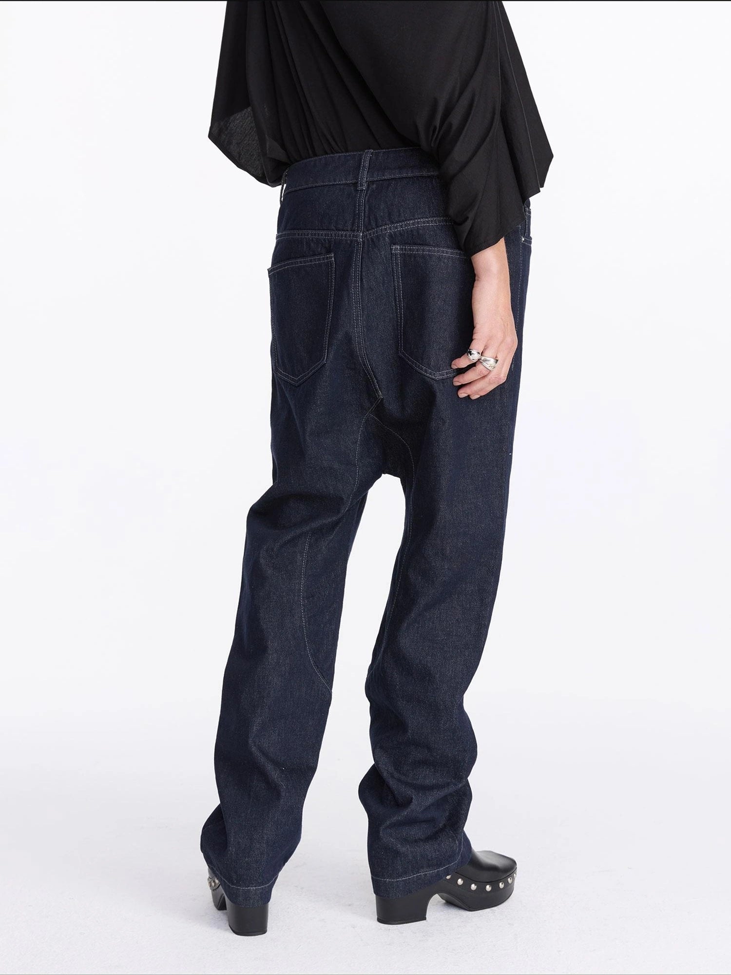 LYUOCHENG Low Rise Raw Denim Baggy Jeans With Dropped Crotch