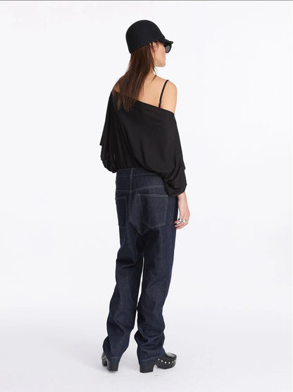 LYUOCHENG Low Rise Raw Denim Baggy Jeans With Dropped Crotch