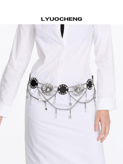 LYUOCHENG Metal Flower Chain Vintage Belt