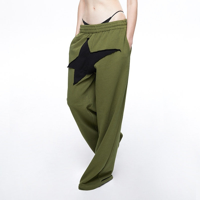 LYUOCHENG_Military_Green_Five_Star_Patchwork_Low_Rise_Wide_Leg_Women&
