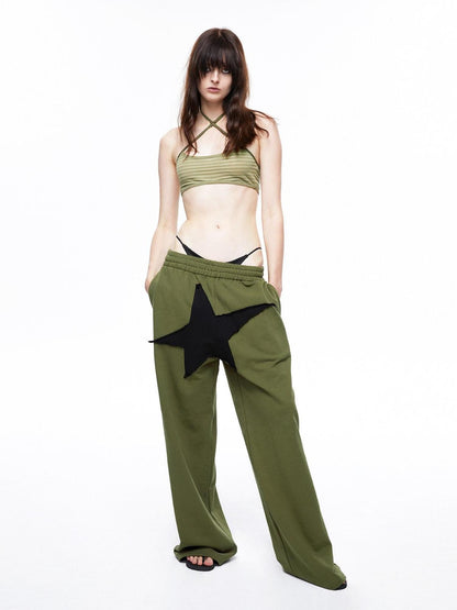 LYUOCHENG Military Green Five Star Patchwork Low Rise Wide Leg Women&