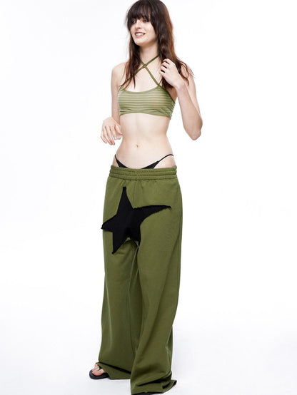LYUOCHENG Military Green Five Star Patchwork Low Rise Wide Leg Women&