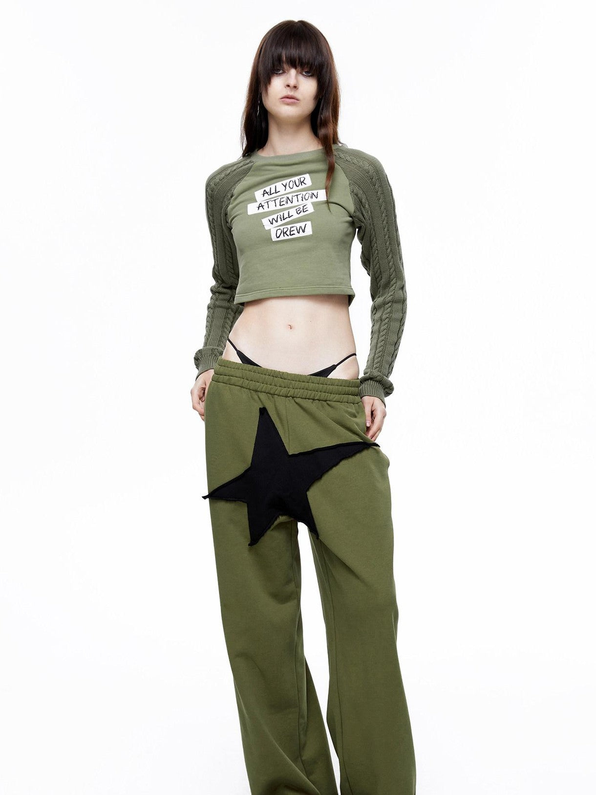 LYUOCHENG Military Green Five Star Patchwork Low Rise Wide Leg Women&