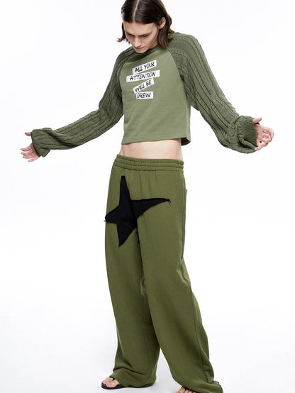 LYUOCHENG Military Green Five Star Patchwork Low Rise Wide Leg Women&