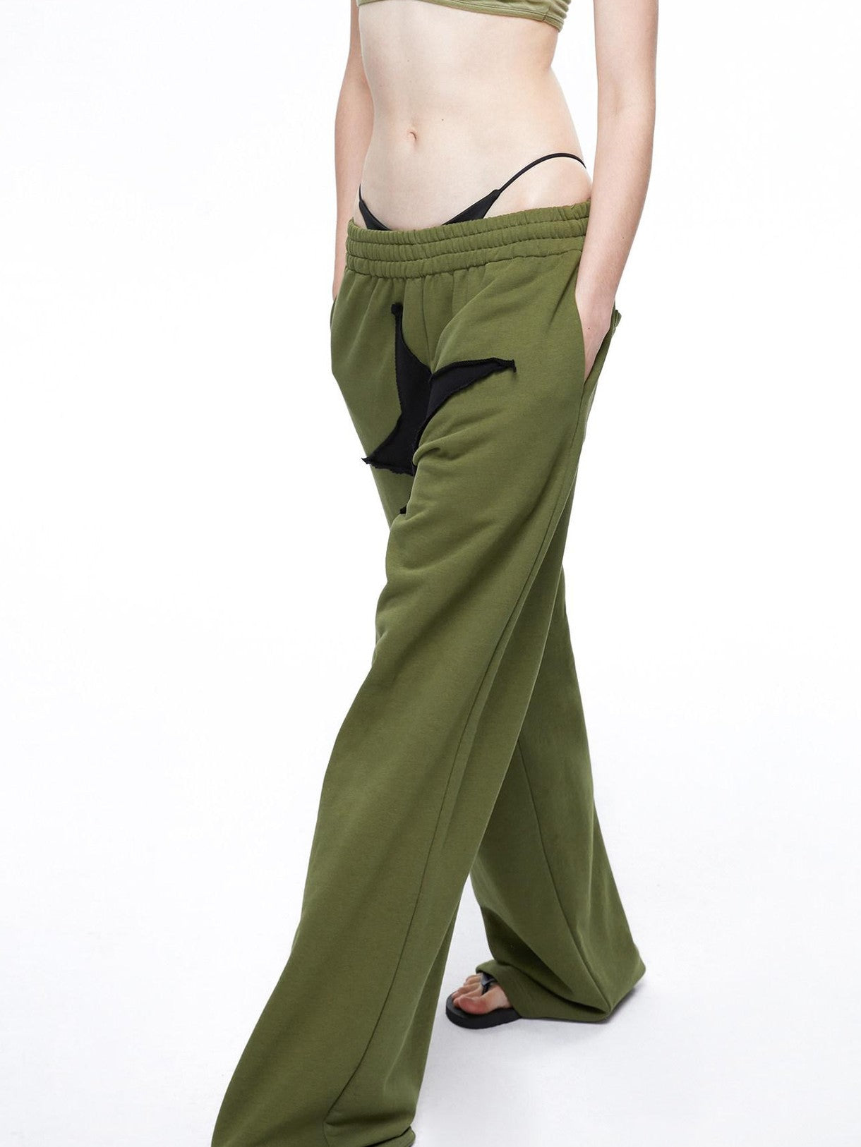 LYUOCHENG Military Green Five Star Patchwork Low Rise Wide Leg Women&