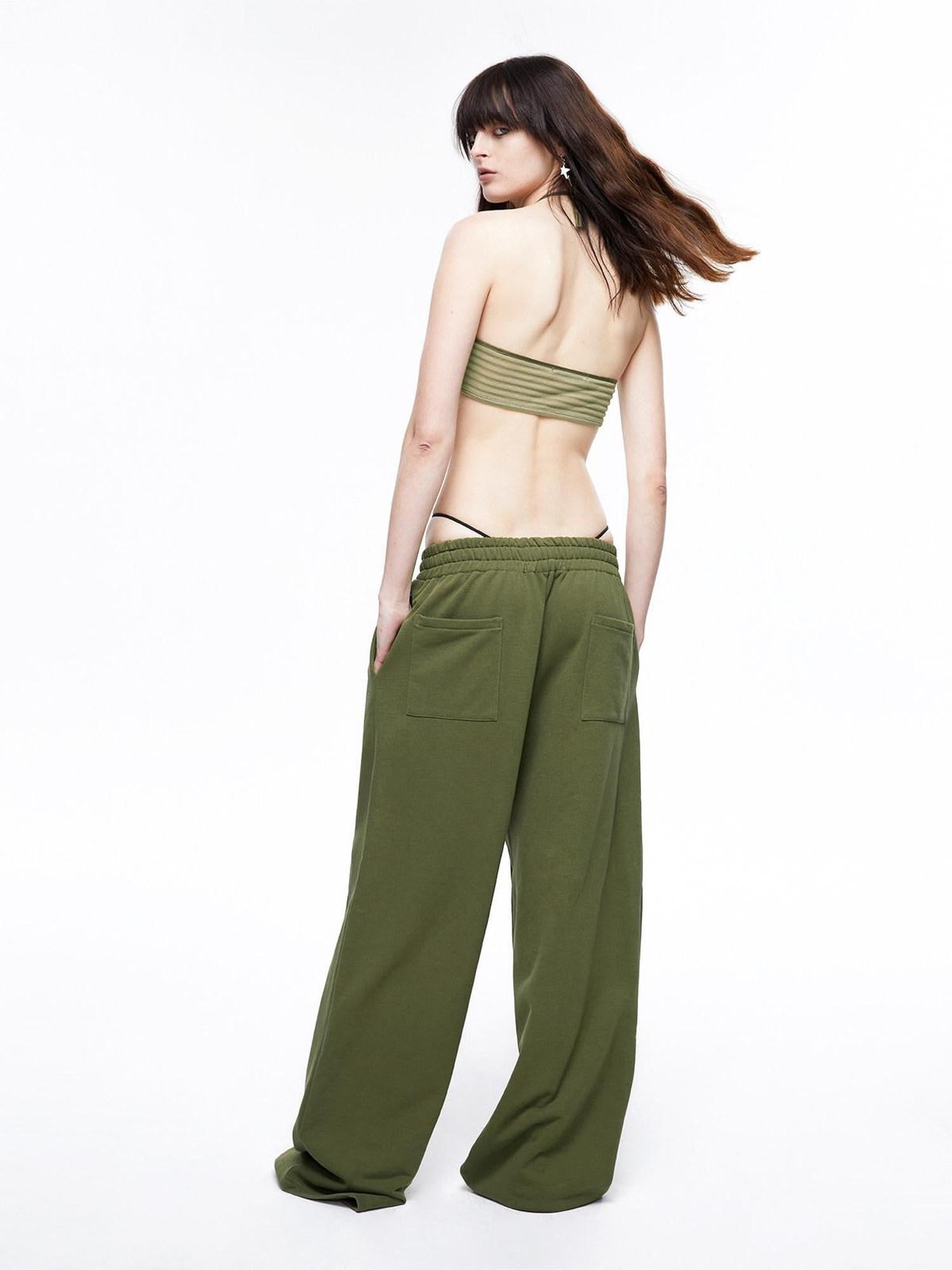 LYUOCHENG Military Green Five Star Patchwork Low Rise Wide Leg Women&