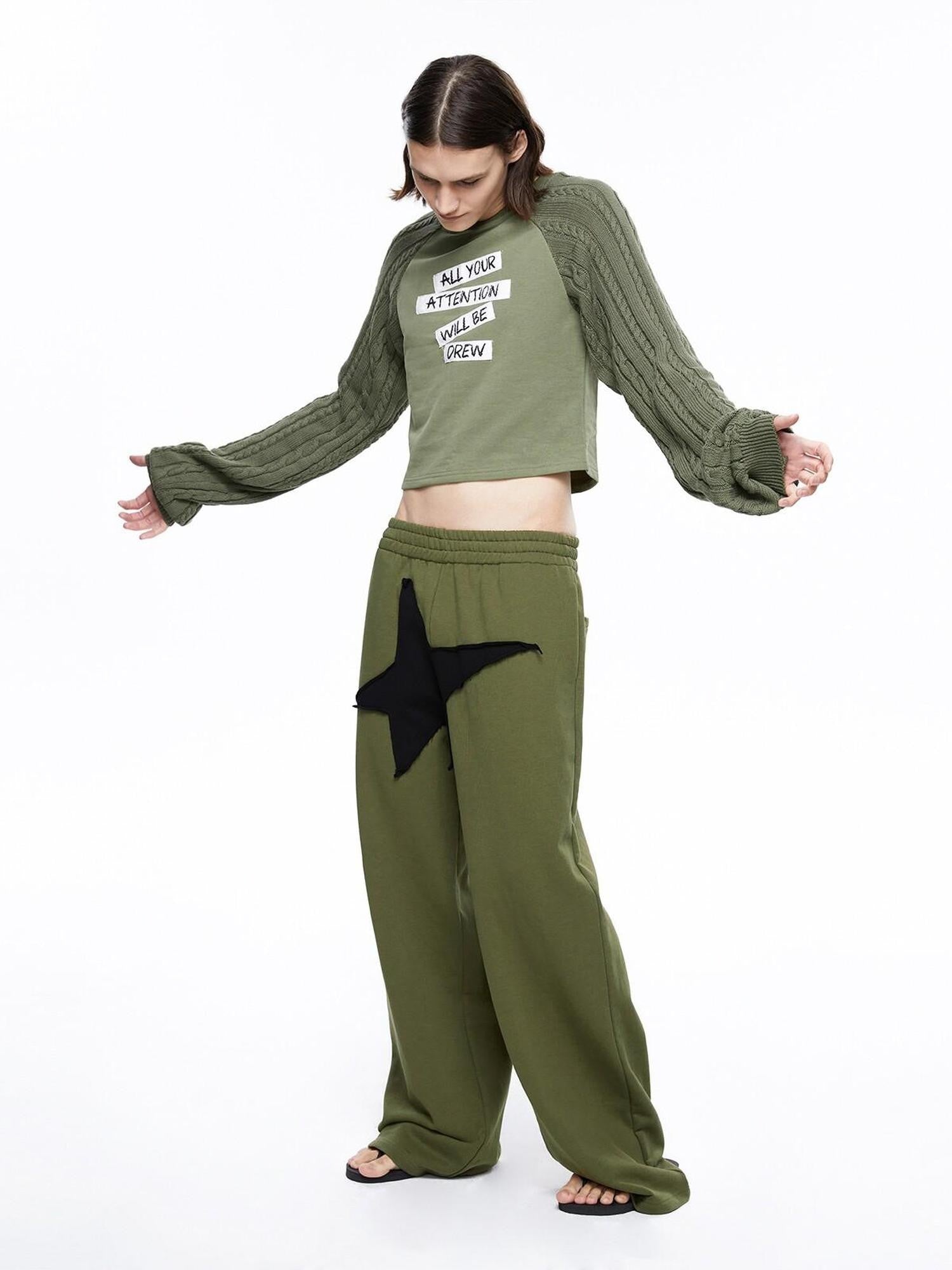 LYUOCHENG Military Green Five Star Patchwork Low Rise Wide Leg Women&