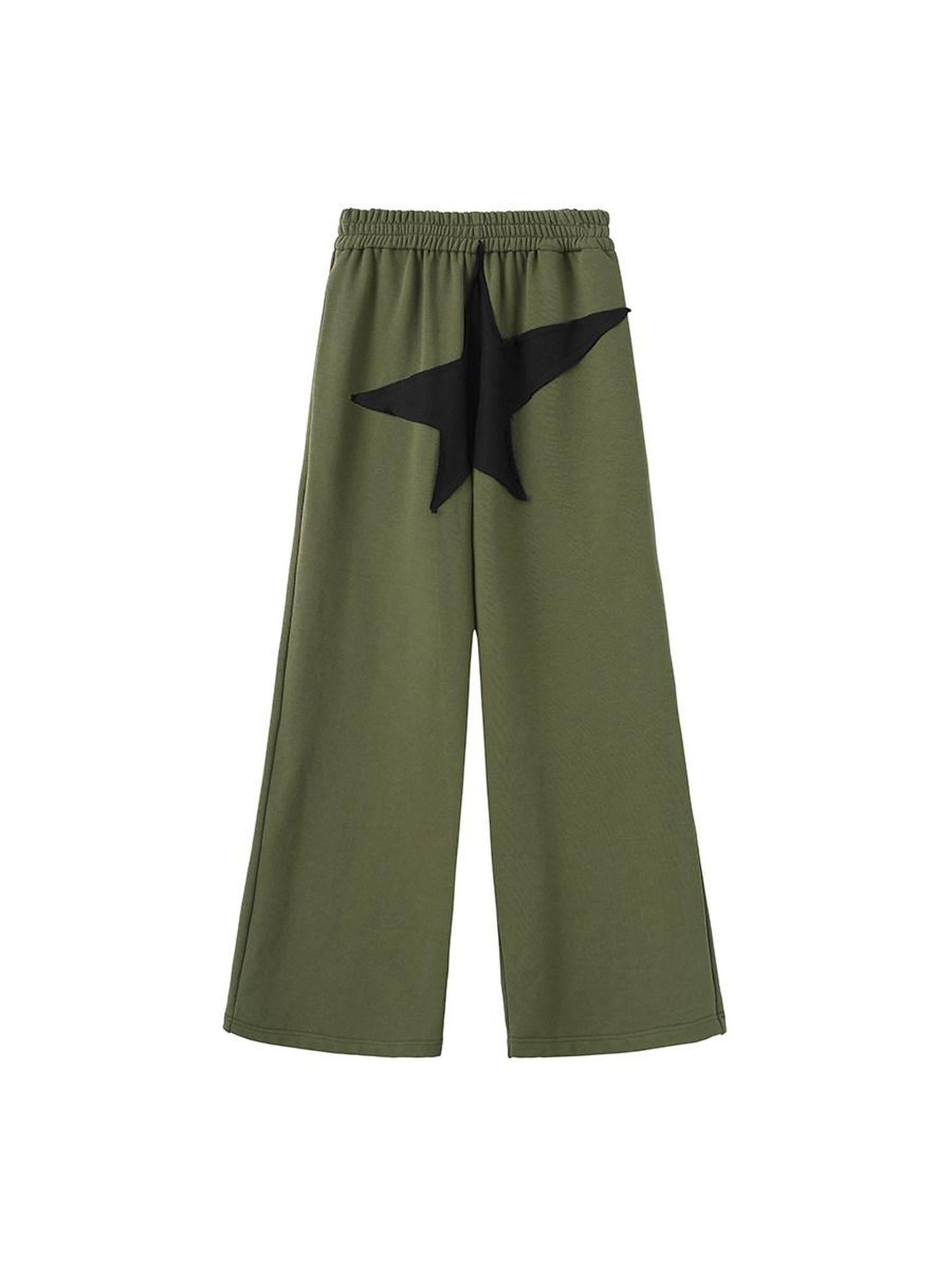LYUOCHENG Military Green Five Star Patchwork Low Rise Wide Leg Women&