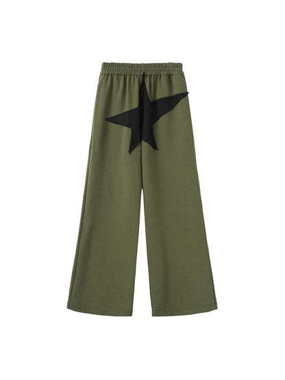 LYUOCHENG Military Green Five Star Patchwork Low Rise Wide Leg Women&