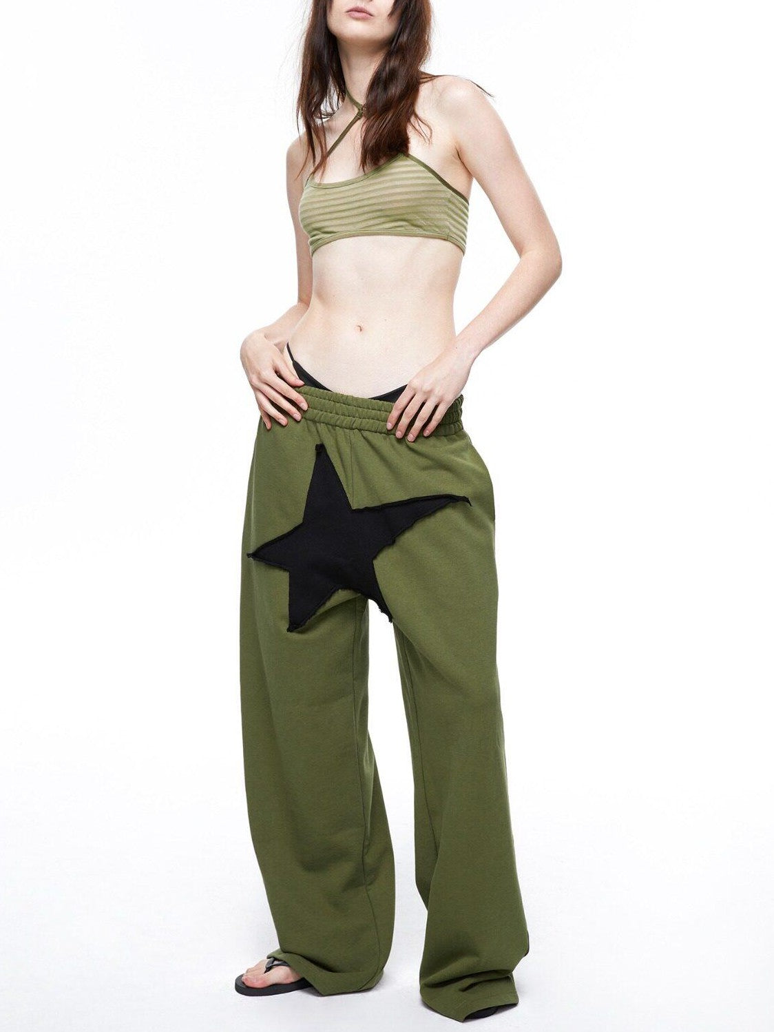 LYUOCHENG Military Green Five Star Patchwork Low Rise Wide Leg Women&