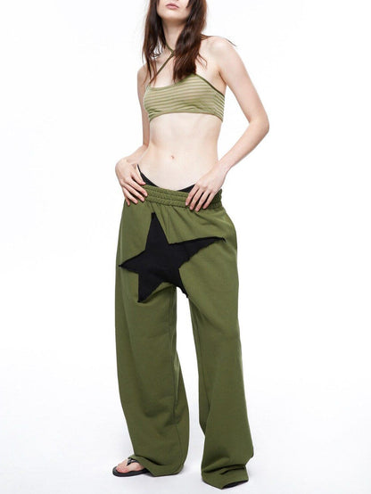 LYUOCHENG Military Green Five Star Patchwork Low Rise Wide Leg Women&