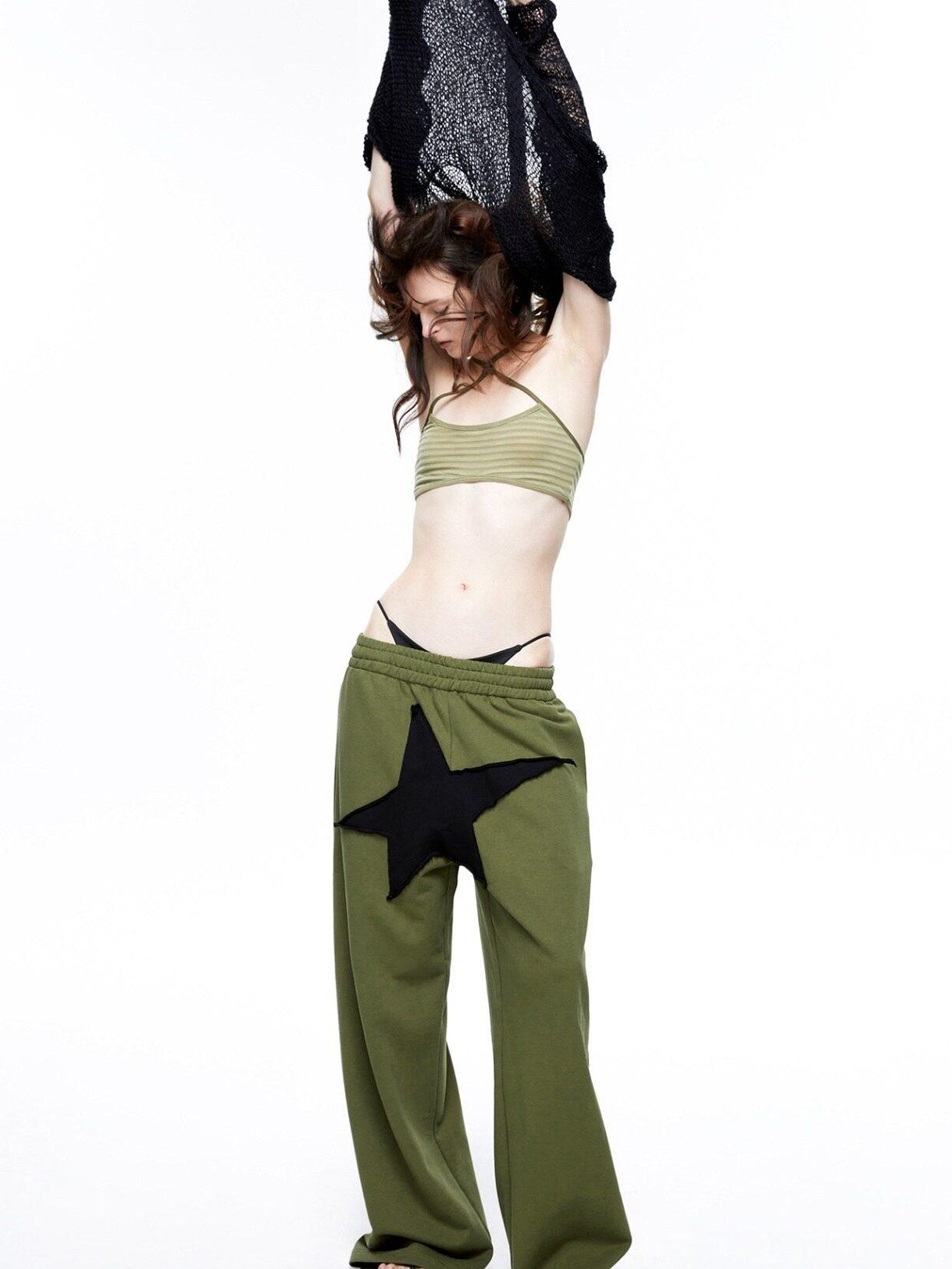 LYUOCHENG Military Green Five Star Patchwork Low Rise Wide Leg Women&